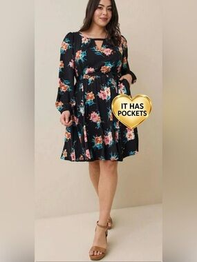torrid Black Floral Long-Sleeve Tie-Waist Dress